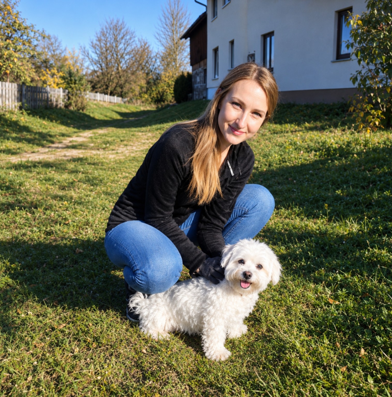 Olga Moon mit ihrem Hund im Garten